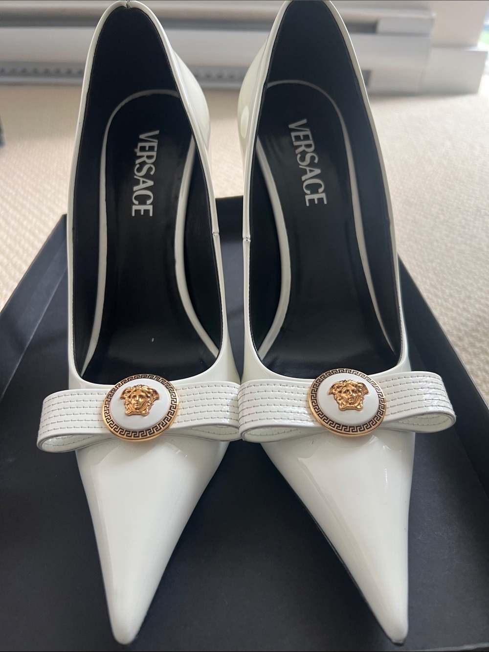 Versace White Patent Pointed-Toe Pumps with Gold Medusa Button